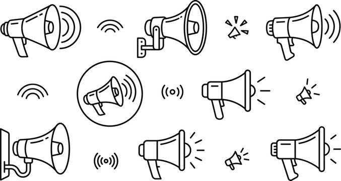Megaphone loudspeaker vector icon set bullhorn marketing promotion broadcast audio sound signal line art isolated on white background