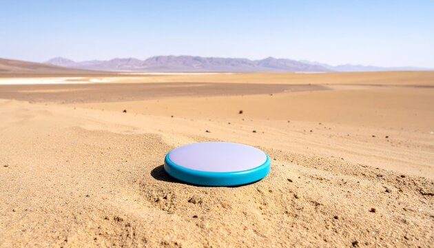 An oversized, round, blue and white button sits prominently on a vast, dry desert plain under a clear sky