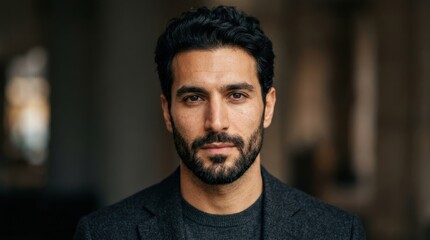 Fototapeta premium A man with dark hair and a beard, wearing a dark suit, standing in an indoor setting with a blurred background.