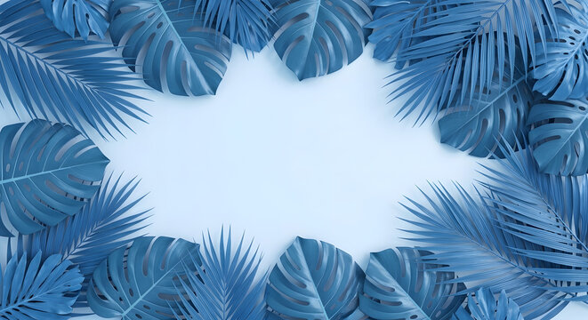 Blue tropical leaves frame with tropical, monstera