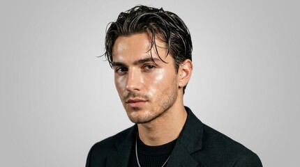 Obraz premium A man with wet hair, wearing a black jacket, standing against a grey background.