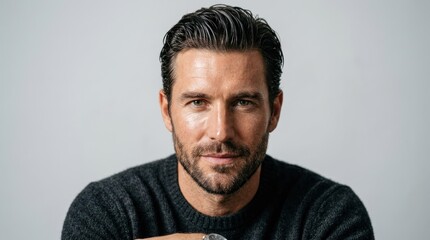 Obraz premium A man with dark hair wearing a dark sweater, standing against a plain background.
