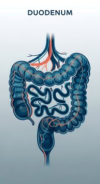 3D medical illustration of human duodenum anatomy.