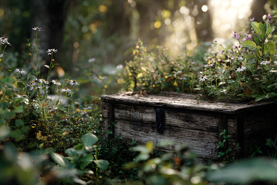 Rustic wooden chest in a vibrant, sun-dappled forest, overgrown with white and purple wildflowers, creating a serene and magical scene.
