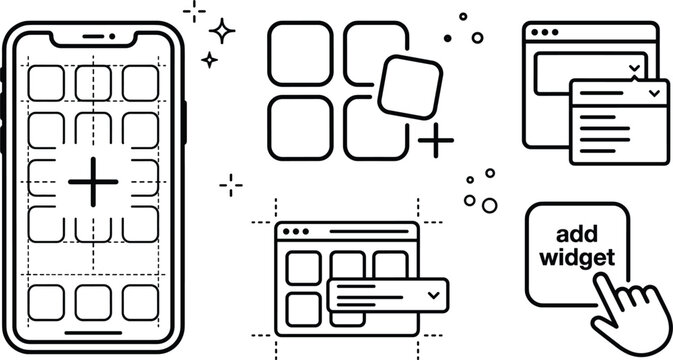 Mobile app user interface widget icon set line art vector doodle illustration for smartphone layout design customizing application