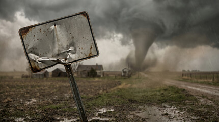 Fototapeta na wymiar Tornado forming over farmland near damaged warning sign concept of Natural disasters 