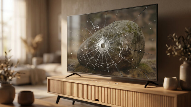 Broken television screen with spider web cracks displaying landscape rock image on wooden cabinet in modern living room interior provides visual metaphor for accident or fragility.