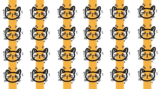 Cute grumpy cat face seamless pattern with yellow stripes background. Hand drawn doodle of angry kitten emotions vector illustration.