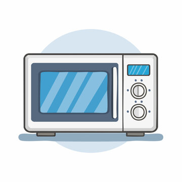 Illustration of a white microwave oven with a blue display and controls