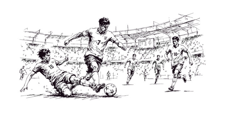 Dynamic black and white sketch of a soccer player dribbling past a sliding defender in stadium.