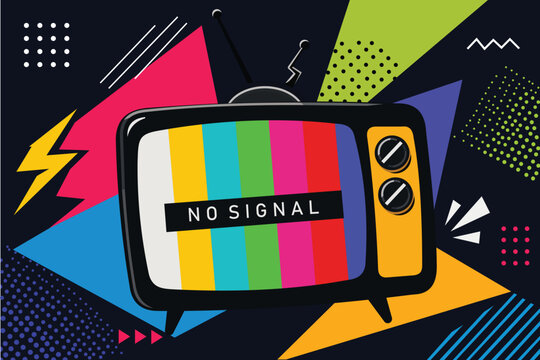 Retro Television Static: A vintage television displays a colorful static screen with NO SIGNAL text, set against a vibrant, abstract background reminiscent of 80s graphic design.