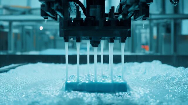 Robotic additive manufacturing machine precisely extruding material to create a complex object submerged in liquid during an advanced industrial fabrication process