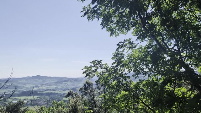 Paesaggio naturale con vista panoramica su montagne e vallate, incorniciato da foglie e rami in primo piano, ideale per progetti dedicati alla natura, escursionismo, turismo e ambienti rilassanti
