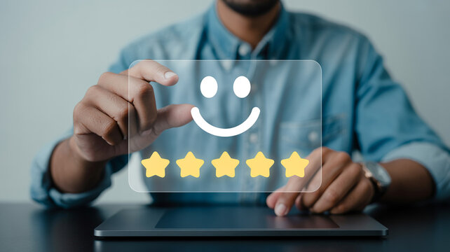 Man giving five star rating on digital tablet with smiley face