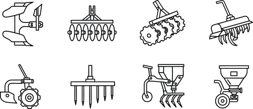 Agricultural tools and machinery including plows, cultivators, and seeders farming equipment