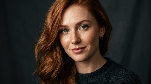 A woman with red hair and freckles, wearing a dark sweater, against a dark background.