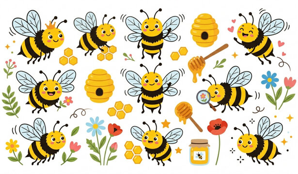 Cute bumble bee illustration collection with cartoon insect vector designs in EPS format
