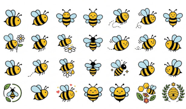 Minimal bumble bee icon set with cartoon insect vector illustration design in EPS format