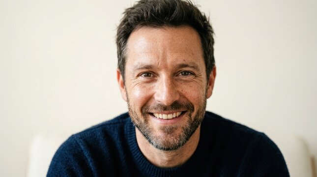 A man with a beard smiling, wearing a dark blue sweater, sitting in a white chair against a white background.