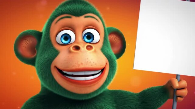 Animated Monkey Holding Blank Sign - Cartoon Character Presentation with Space for Text.