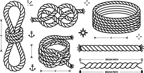 Nautical rope vector icon set with knots coils brush path marine elements line art isolated on white background © S O H A G