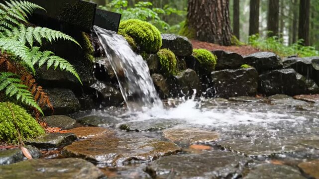 Tranquil waterfall cascading into a small pond in a lush, green forest with ferns and moss during the rain