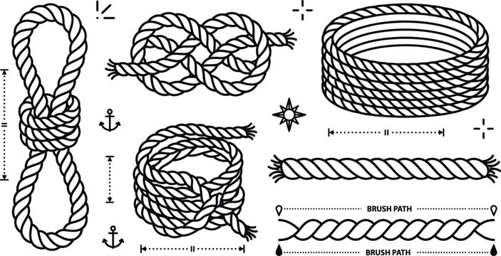 Nautical rope vector icon set with knots coils brush path marine elements line art isolated on white background