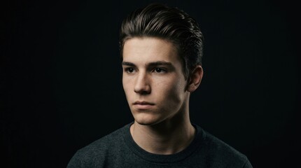 Obraz premium A young man with a serious expression, wearing a dark gray sweatshirt, against a black background.