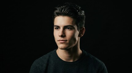 Obraz premium A young man with dark hair, wearing a black shirt, against a black background.