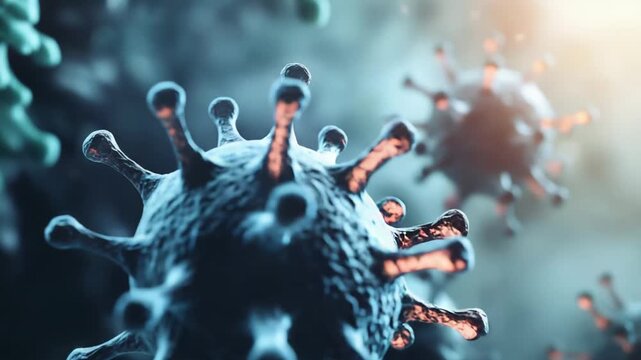 Virus particles floating and infectious pathogens causing disease within a biological environment, illustrating microscopic danger and global pandemic threat