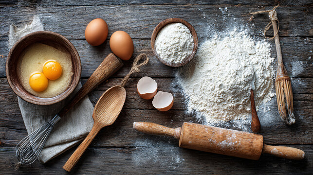 Baking Preparation with Flour, Eggs and Tools on Rustic Wooden Table