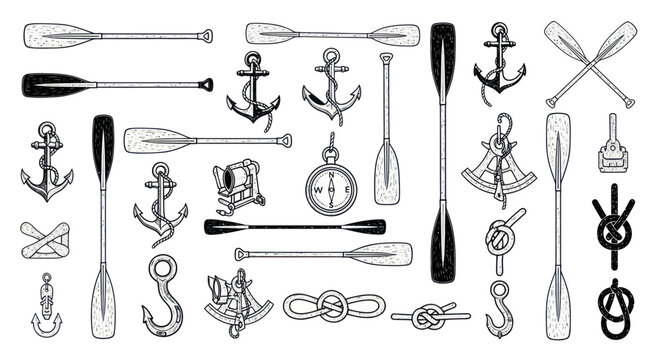 Nautical Elements Collection: Anchors, Oars, Knots, Compass - Vintage Sketch Style