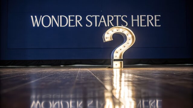 Illuminated Question Mark Sign with Inspirational Message Background