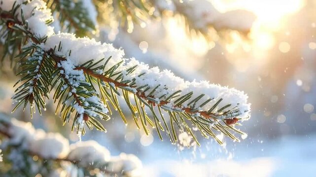 A close up of a pine tree branch covered in fresh white winter snow