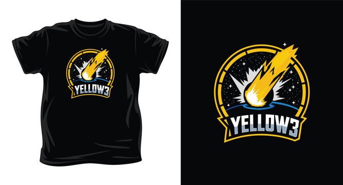 Black t-shirt with yellow comet logo and yellow3 text