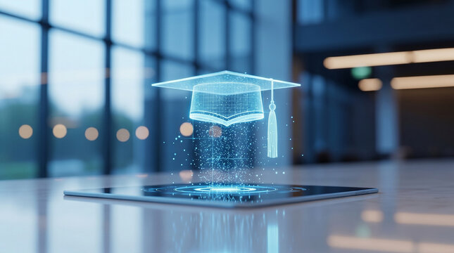 Holographic graduation cap floating above modern tablet device representing digital academic achievement and virtual learning platform concept for futuristic higher education success.