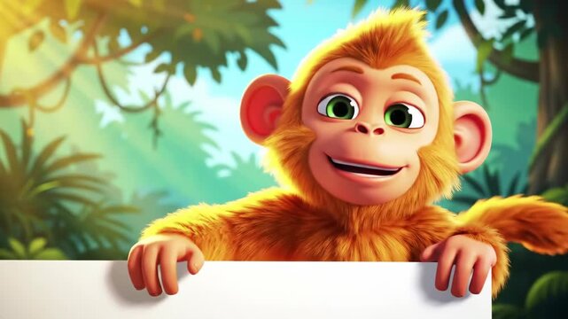 Playful Animated Monkey Wakes Up Smiling, Holding Blank Sign in Lush Jungle.