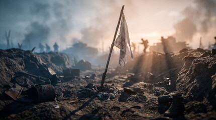 Fototapeta premium Atmospheric battlefield landscape with white flag and silhouettes of soldiers in smoke at sunset representing surrender and peace during war conflict in dusty trenches at dawn now.