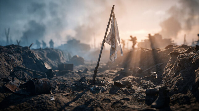 Atmospheric battlefield landscape with white flag and silhouettes of soldiers in smoke at sunset representing surrender and peace during war conflict in dusty trenches at dawn now.