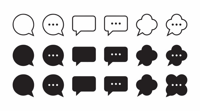 Speech bubble icon set with outline and solid glyph styles featuring round rectangular and cloud chat templates