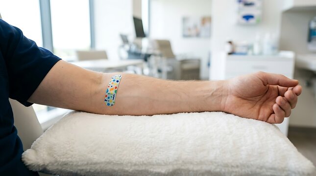 Patient arm with colorful bandage after blood test in clinic