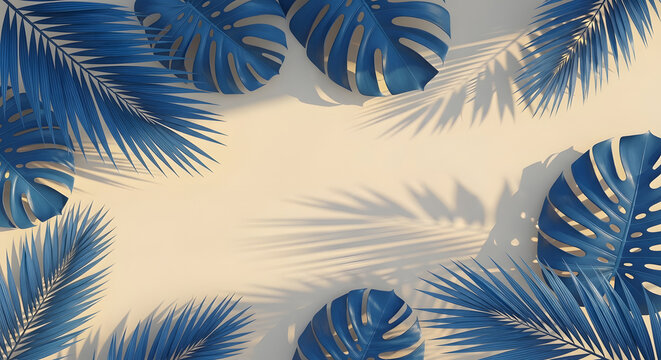 Blue tropical leaves with shadows, flat lay