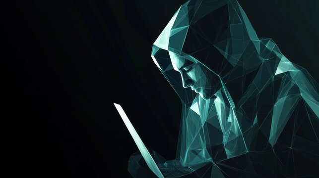 Hooded figure using laptop in dark.