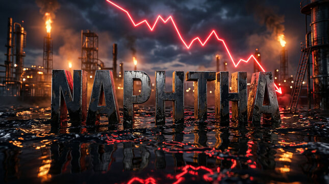 Grungy naphtha metal sign in dark water with declining red market graph over oil refinery background illustrating economic downturn and falling prices in petrochemical industries.