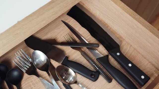 Various kitchen utensils including metal cutlery, sharp knives, serving spoons, and dinner forks are neatly arranged inside an open wooden drawer, illustrating home organization and tidiness