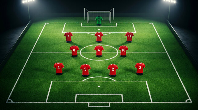 Miniature soccer players in red uniforms arranged in a strategic formation on a green field with goalposts and stadium lights symbolizing team strategy and gameplay.