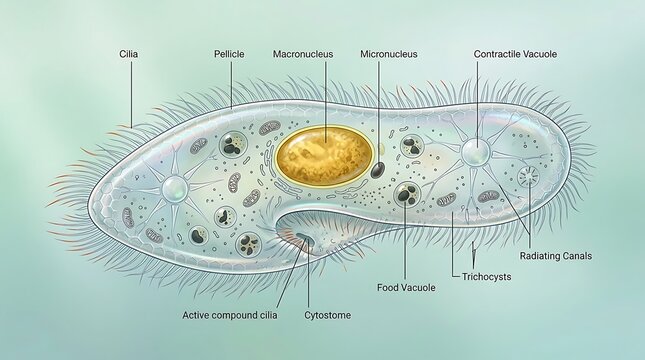 Detailed labeled diagram of a paramecium cell showing internal organelles and structures with clear annotations