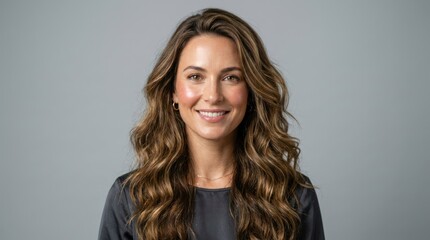 Fototapeta premium A woman with long, wavy brown hair smiling, wearing a black top, standing in front of a gray background.