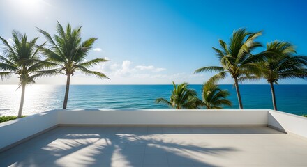 Fototapeta premium Modern terrace with ocean view and palm trees