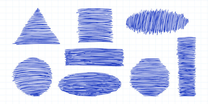 Scribbles on notebook paper. Hand drawn blue ink chaotic lines in forms of different shapes for design. Circle, square, rectangle, triangle and oval shapes. Vector illustration for creative projects.
